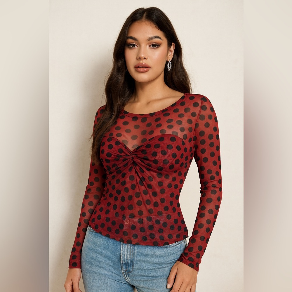 Isle by melis kozan Sheer Red and Black Polka Dot Mesh Top Sz.‎ M
